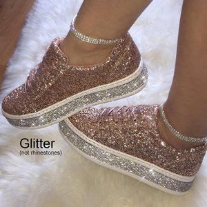 NEW Sparkling Bling Glitter Sneakers Athletic Sports Shoes:Rose Gold + F…
